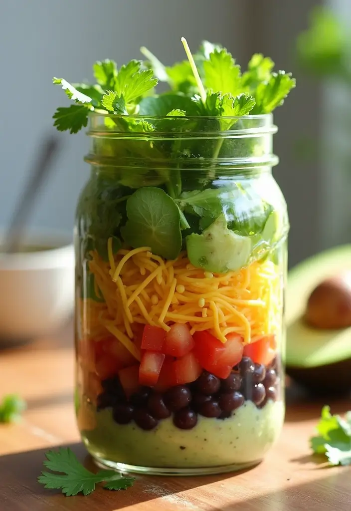 25 Taco Salad in a Jar Recipes for Fresh and Easy Lunches 70 25 Taco Salad in a Jar Recipes for Fresh and Easy Lunches - 12. Taco Salad with Cilantro Lime Dressing in a Jar
