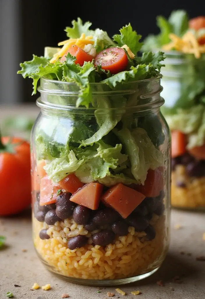 25 Taco Salad in a Jar Recipes for Fresh and Easy Lunches 84 25 Taco Salad in a Jar Recipes for Fresh and Easy Lunches - 14. Taco Salad with Beans and Rice in a Jar