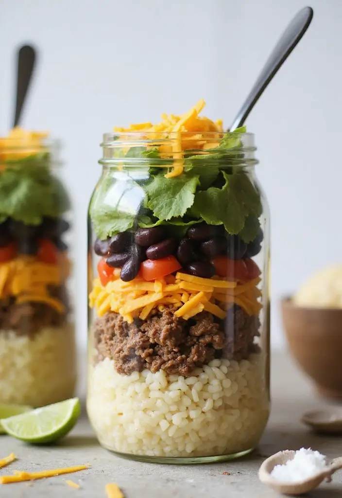 25 Taco Salad in a Jar Recipes for Fresh and Easy Lunches 96 25 Taco Salad in a Jar Recipes for Fresh and Easy Lunches - 16. Taco Salad with Cauliflower Rice in a Jar