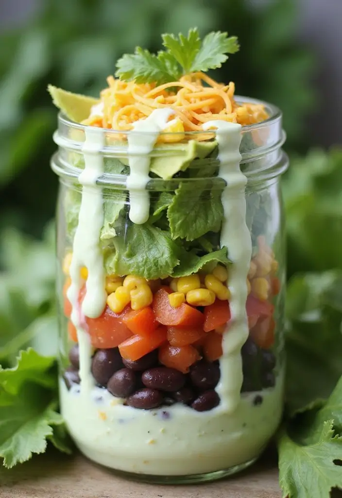 25 Taco Salad in a Jar Recipes for Fresh and Easy Lunches 115 25 Taco Salad in a Jar Recipes for Fresh and Easy Lunches - 19. Taco Salad with Creamy Avocado Dressing in a Jar