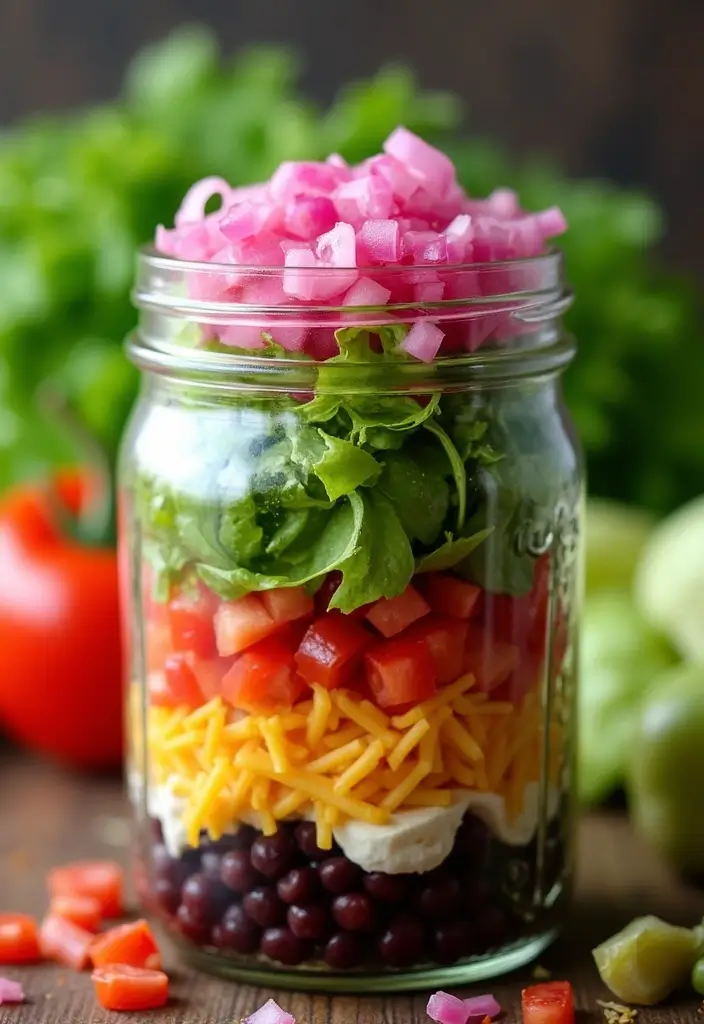 25 Taco Salad in a Jar Recipes for Fresh and Easy Lunches 129 25 Taco Salad in a Jar Recipes for Fresh and Easy Lunches - 21. Taco Salad with Pickled Red Onions in a Jar