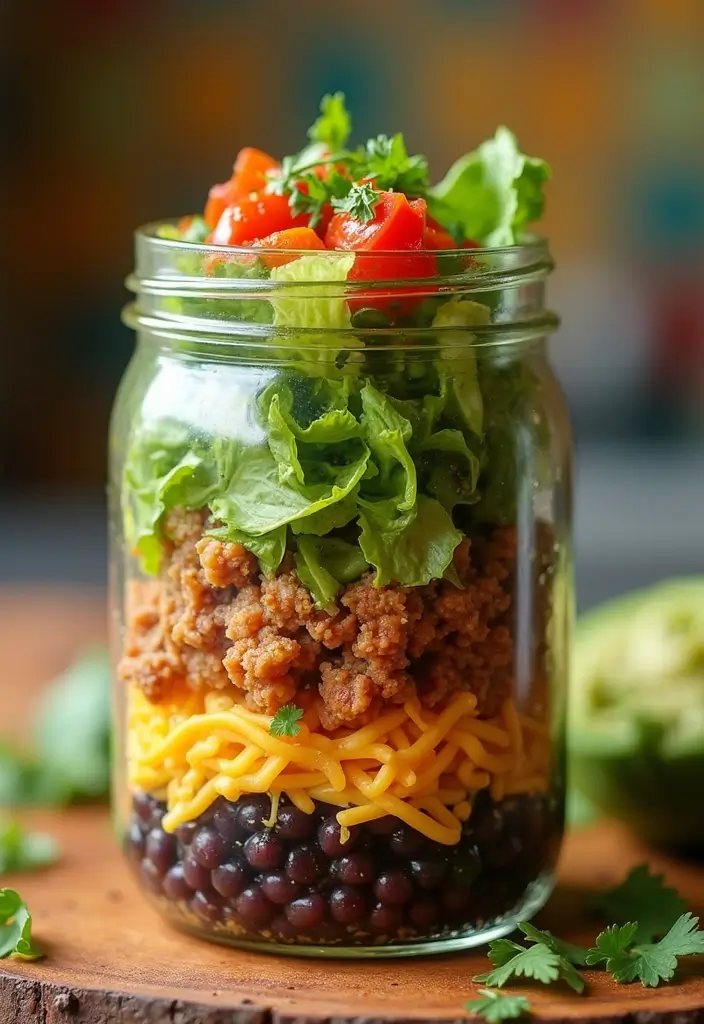 25 Taco Salad in a Jar Recipes for Fresh and Easy Lunches 141 25 Taco Salad in a Jar Recipes for Fresh and Easy Lunches - 23. Taco Salad with Spicy Salsa Verde in a Jar