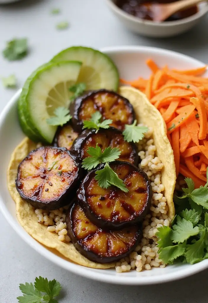 25 Vegan Taco Bowl Recipes That Are Colorful and Satisfying 134 25 Vegan Taco Bowl Recipes That Are Colorful and Satisfying - 22. Miso Glazed Eggplant Taco Bowl
