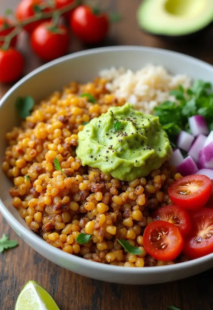 25 Vegan Taco Bowl Recipes That Are Colorful and Satisfying 53 25 Vegan Taco Bowl Recipes That Are Colorful and Satisfying - 9. Lentil Taco Bowl with Guacamole