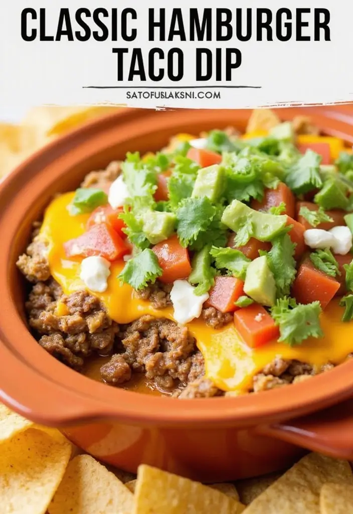 30 Hamburger Taco Dip Recipes for Parties and Game Day 1 30 Hamburger Taco Dip Recipes for Parties and Game Day - 1. Classic Hamburger Taco Dip