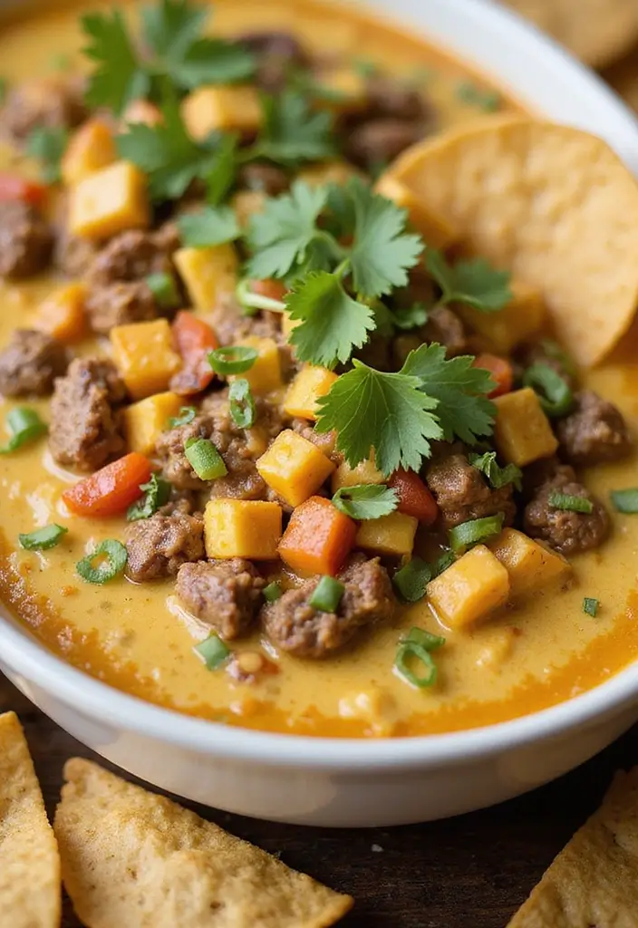 30 Hamburger Taco Dip Recipes for Parties and Game Day 169 30 Hamburger Taco Dip Recipes for Parties and Game Day - 26. Coconut Curry Hamburger Taco Dip